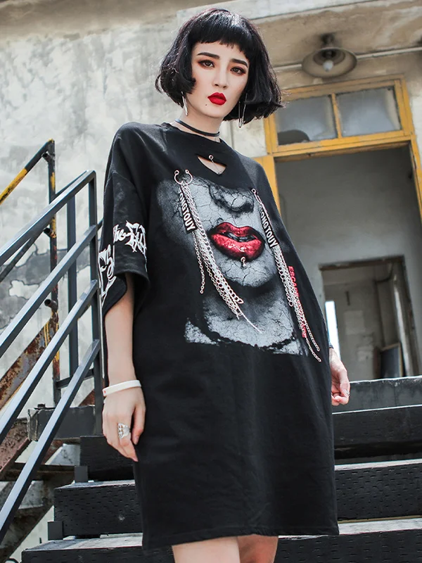 Hip-Hop Round Neck Print Hollow Casual T-Shirt - yankia