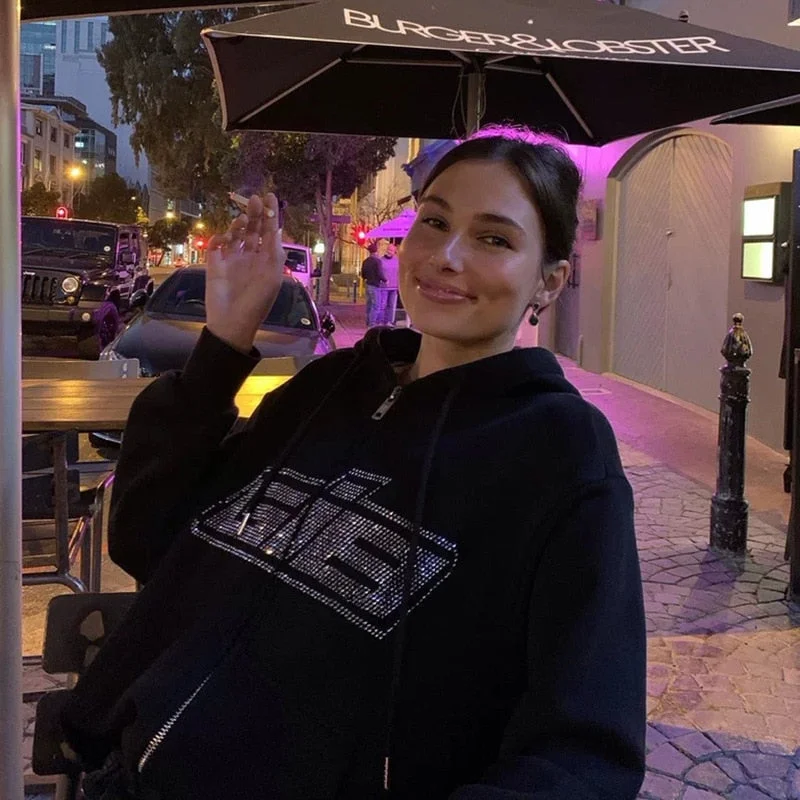 Gothic Rhinestone Spider Web Zipper Hoodie Women Y2K Streetwear Loose Hooded Jacket Couple Harajuku Punk Oversized Sweatshirts