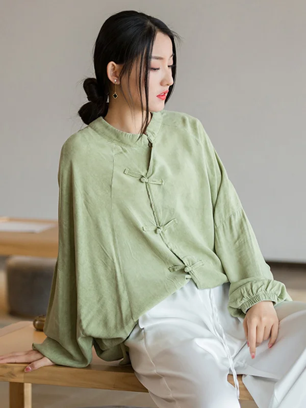 Artistic Retro Loose Long Sleeves Buttoned Solid Color Stand Collar Blouses&Shirts Tops