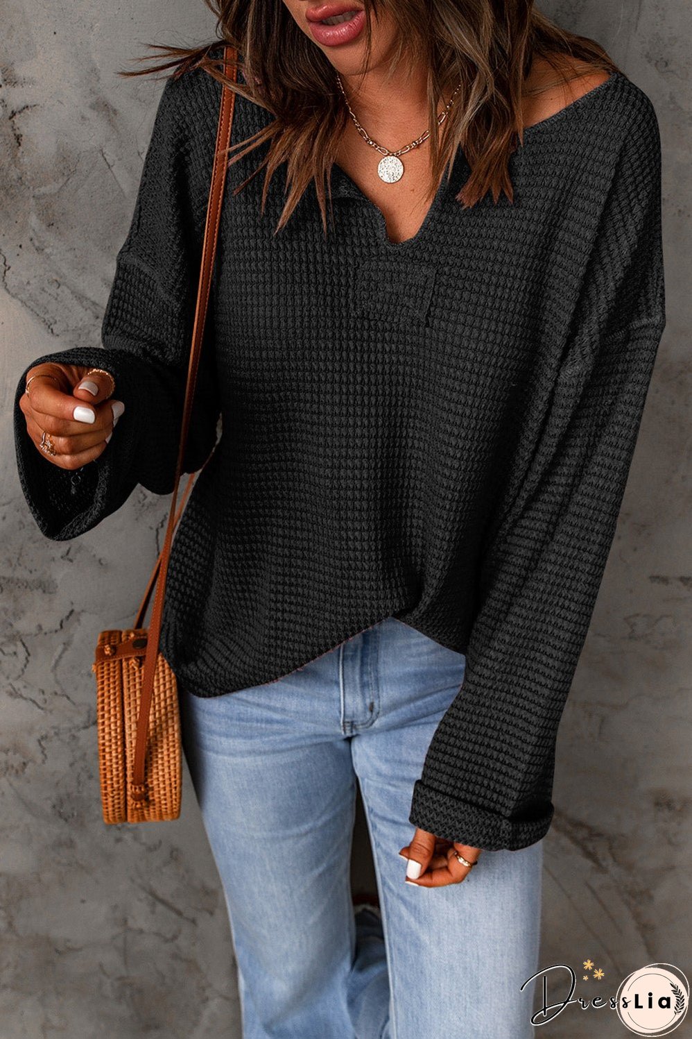 Cozy Black Waffle Texture V-Neck Top