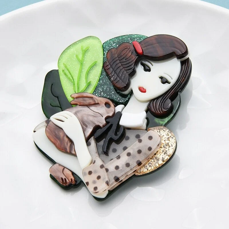 Beautiful Girl Hugging a Rabbit Acrylic Brooch Pins