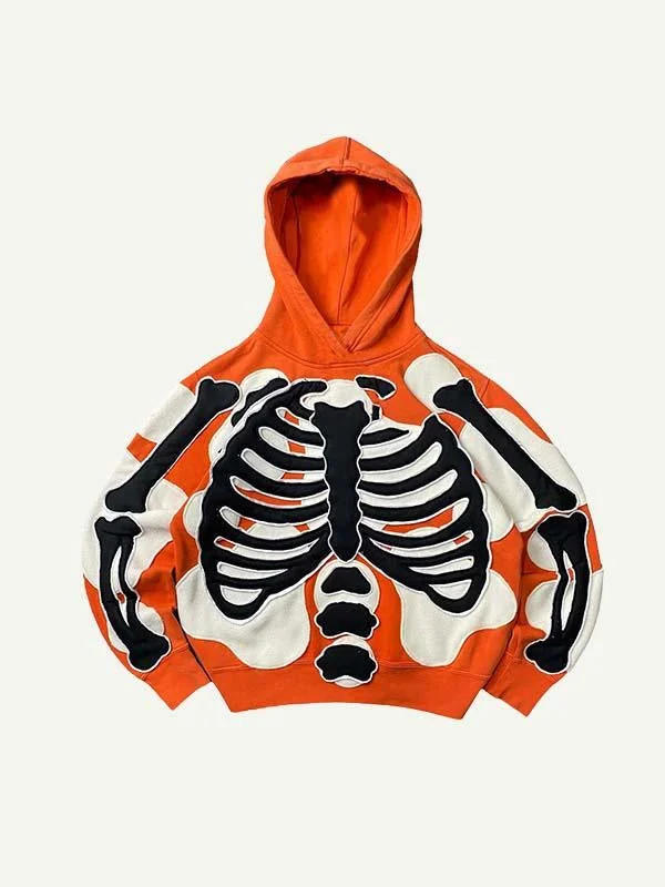 Skeleton Faux Decal Print Slant Pockets Hoodie