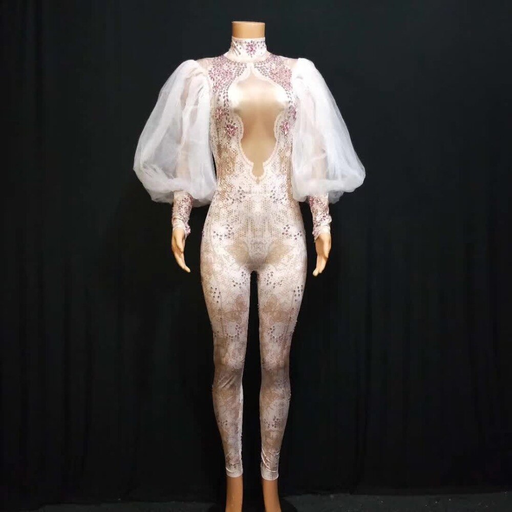 VCSHOES Spandex Lace Sleeves Rhinestones Jumpsuit Women's Leggings One Piece Performance Stage Costume Nightclub Outfit