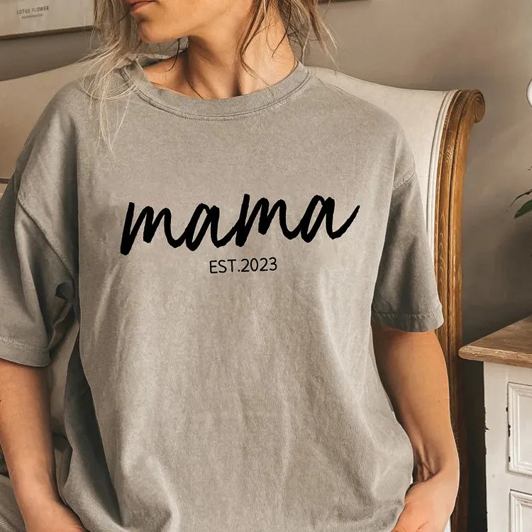 Personalised Chest Text Customization Mama Est Year T-shirt, with Children's Names on the Sleeve, Mother's Day Gift