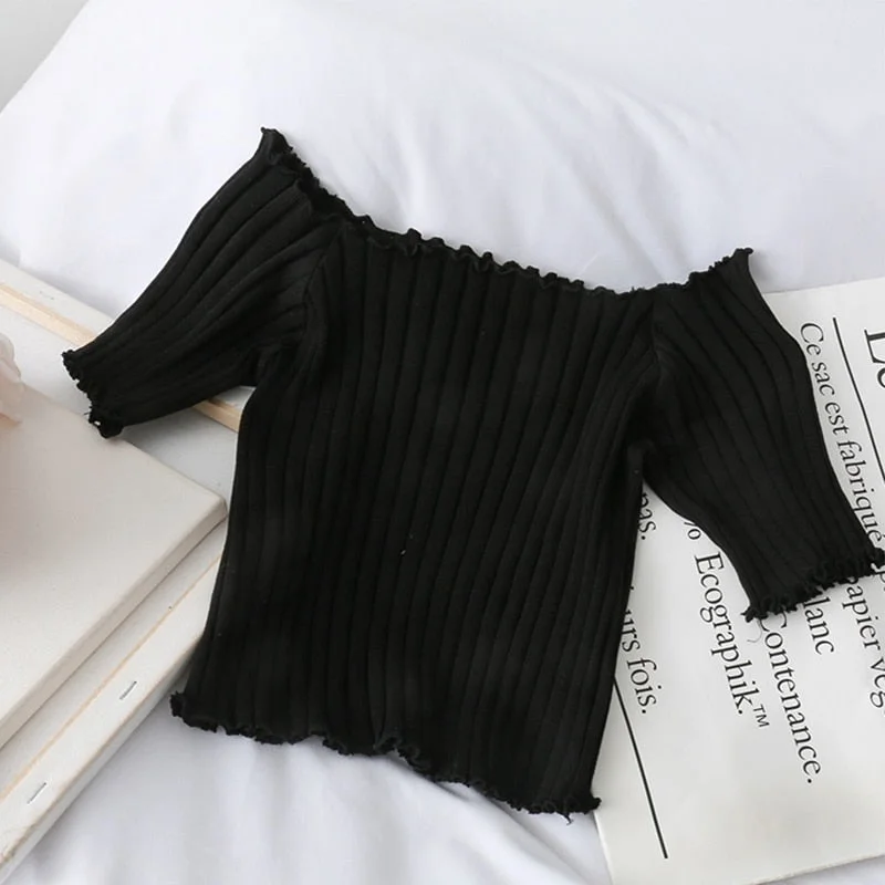 Ribber Slash Neck T-shirt Off Shoulder Knitting Crop Tops Women Short Sleeve Stretchy Ruffles Female Tshirt Stripes Summer Top