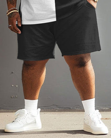 Street Casual Black And White Gray Color Block Print Large Men's Set Shorts-Grey-L