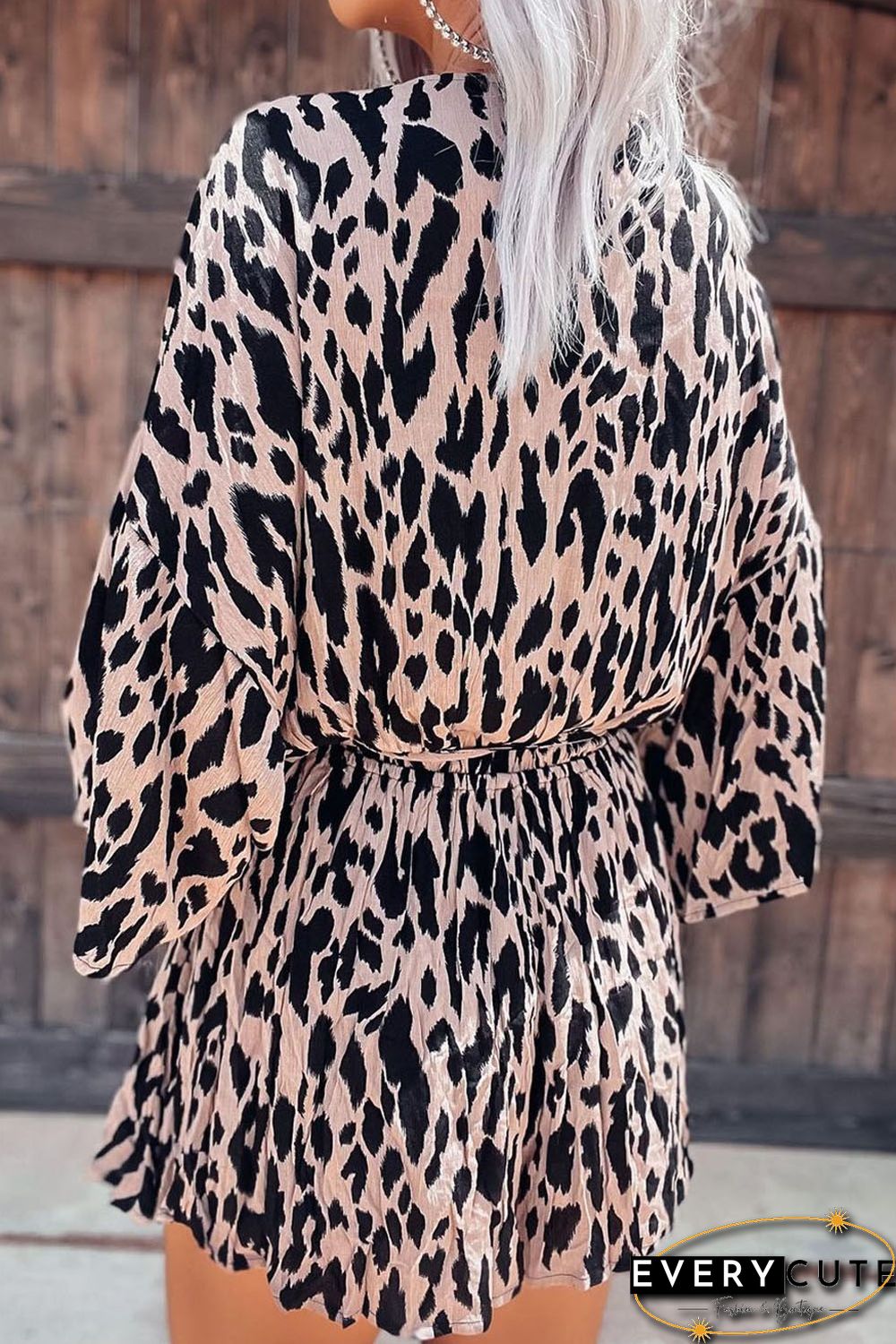 Leopard Print Crinkle Belted Deep V Neck Romper