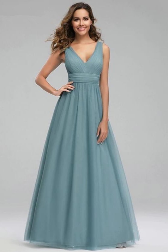 Glamorous Dusty Blue Chiffon V-Neck Long Evening Prom Dress - lulusllly