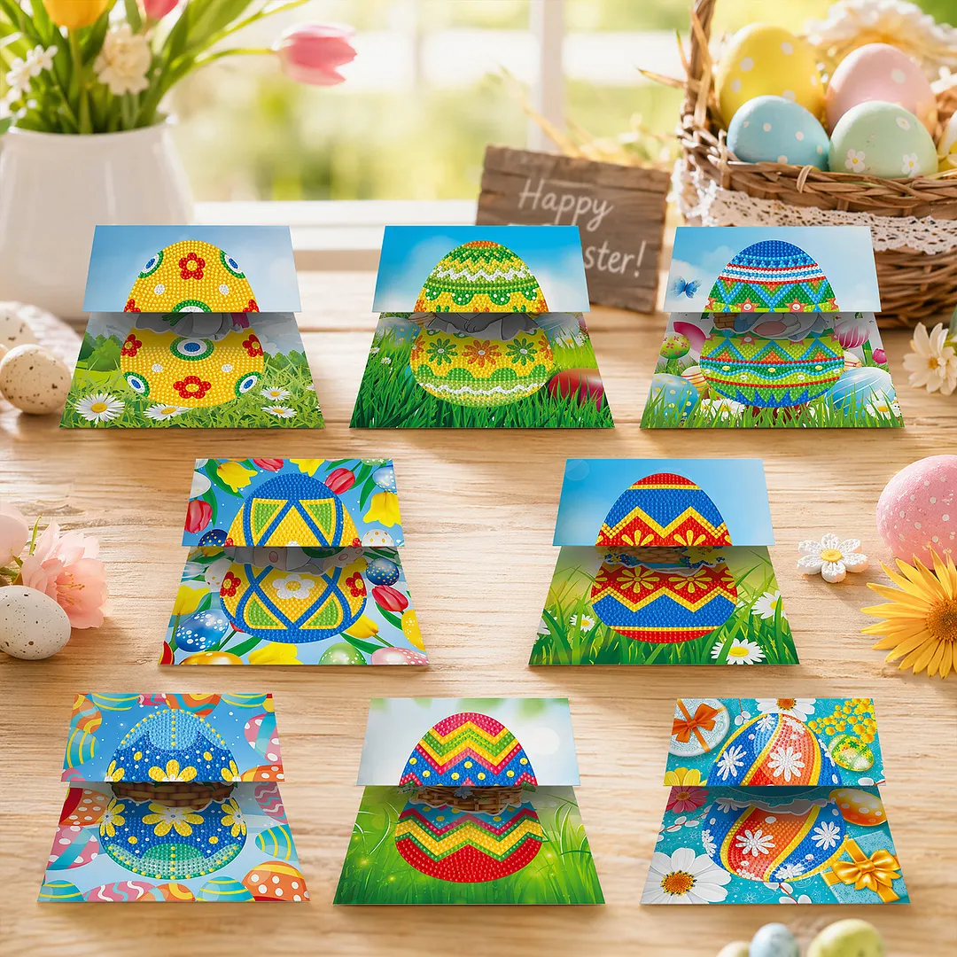 8PCS Easter Egg DIY Diamond Painting Greeting Card Kits with Envelopes Diamond Art Greeting Cards Diamond Art Cards Kits for Adults DIY Crafts Family Friend Gifts