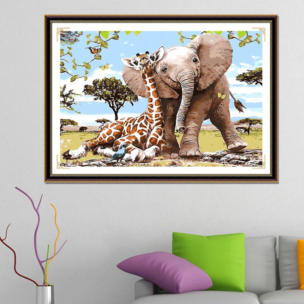 Full Round Diamond Painting 30*35cm - Giraffe Elephant