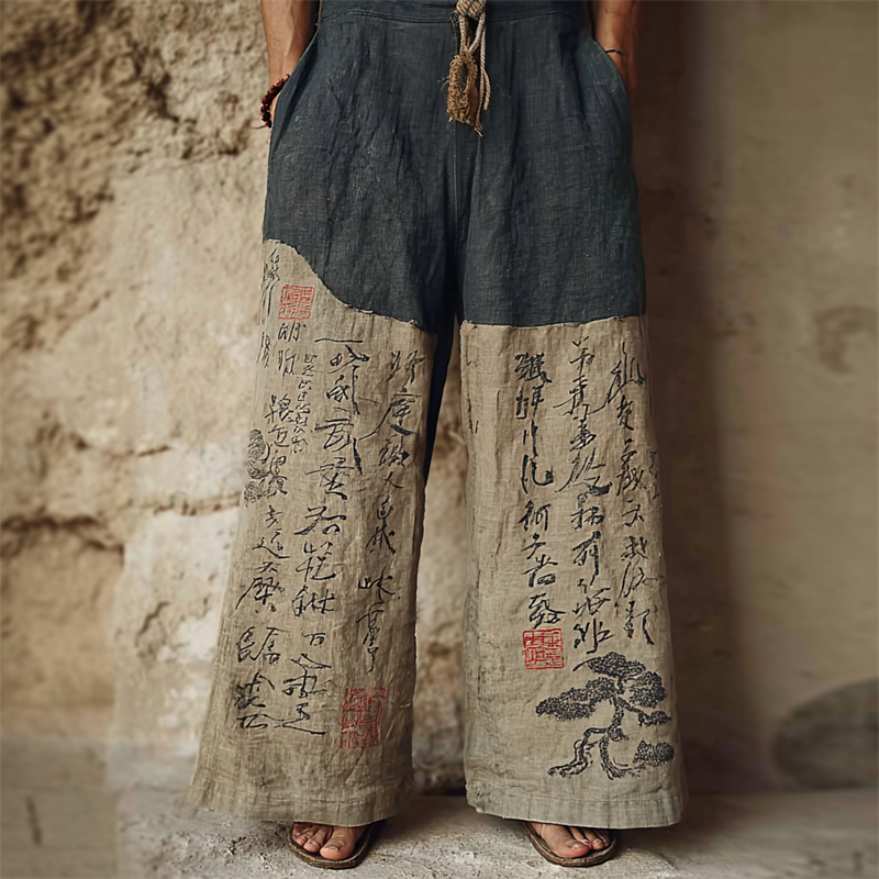 Men's Japanese Pine Tree Calligraphy Art Contrast Linen Pants  artssus