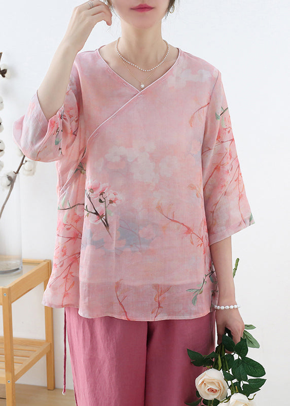 VCSHOES Pink V Neck Print Linen Shirt Top Half Sleeve