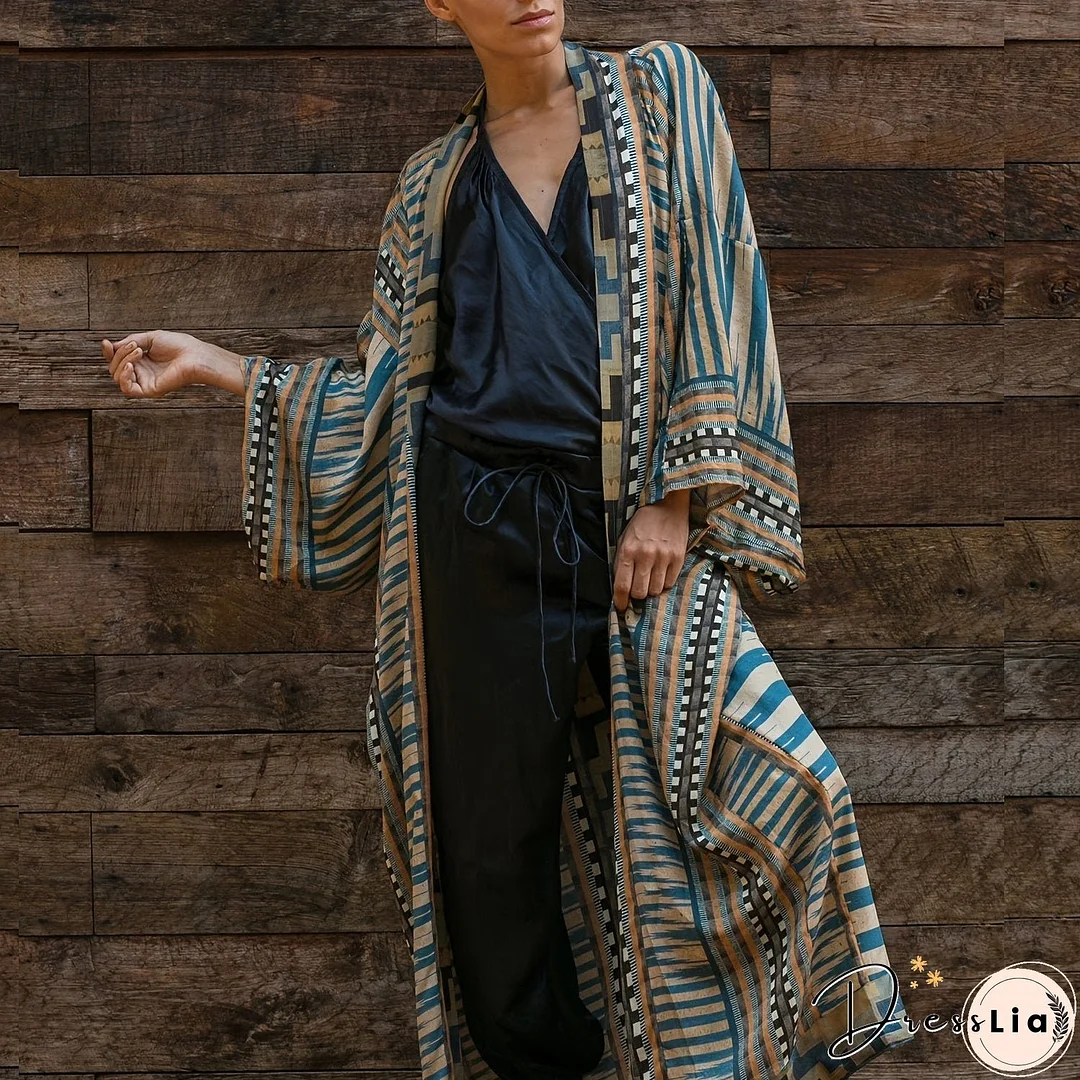 Geo Print Open Front Belted Kimono, Boho Long Sleeve Beachwear Cove Up, Women's Clothing