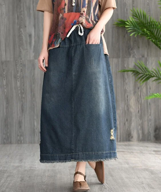 Women's Hole Make Classic Antique Denim Midi Skirt Spring Loose Casual Skirt