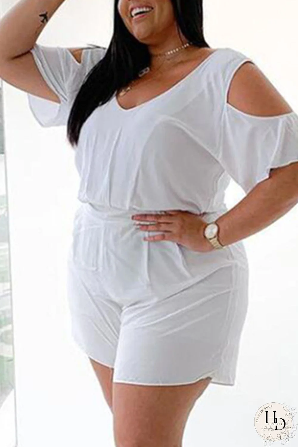 White Fashion Casual Solid Basic V Neck Plus Size Romper