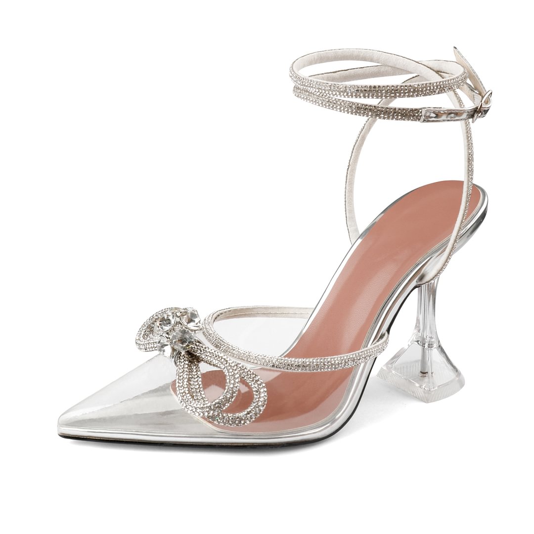 9.5cm/3.74 Double Bow crystal-embellished silk-satin point-toe pumps Pointed Toe With Glitter Strappy Sandals