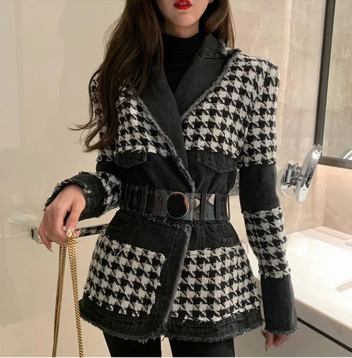 Spring and autumn 2020 new chihuage lace up celebrities retro denim waist stitching thick suit coat women fashion