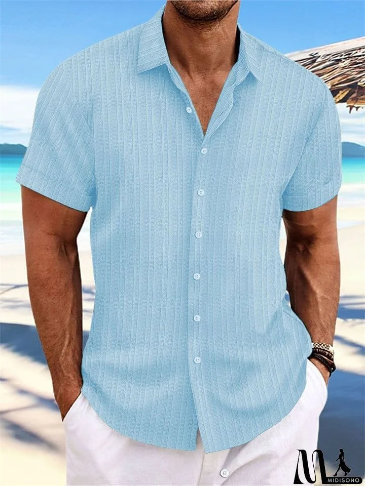 MidiSono - Men's Striped Texture Cotton Linen Short Sleeve Shirt