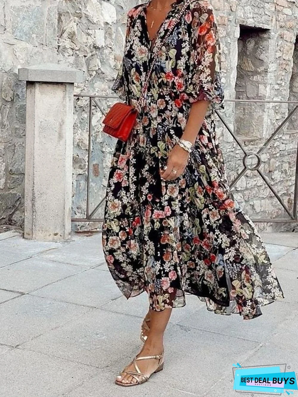 Women's Loose Midi Dress Half Sleeve Floral / Botanical Spring Summer V Neck Vacation Boho Holiday Loose