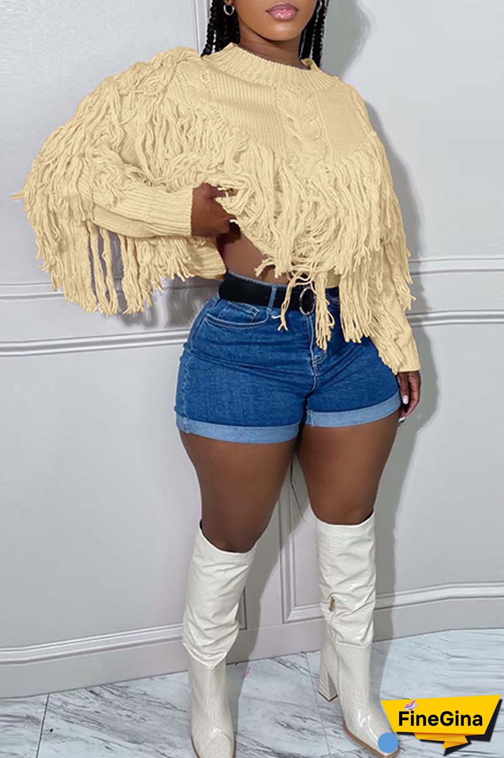 Pink Casual Solid Tassel O Neck Tops