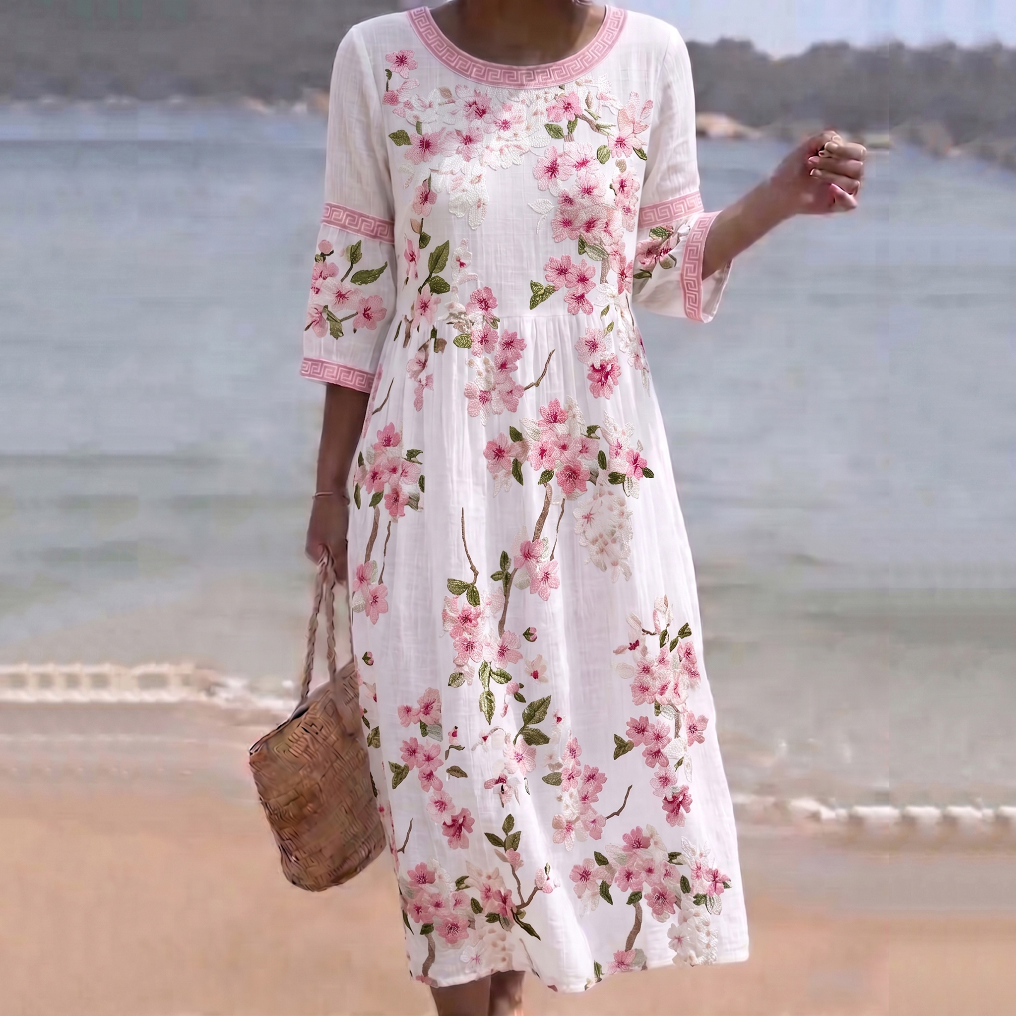 Comstylish Women's Sakura Art Print Crew Neck Midi Dress