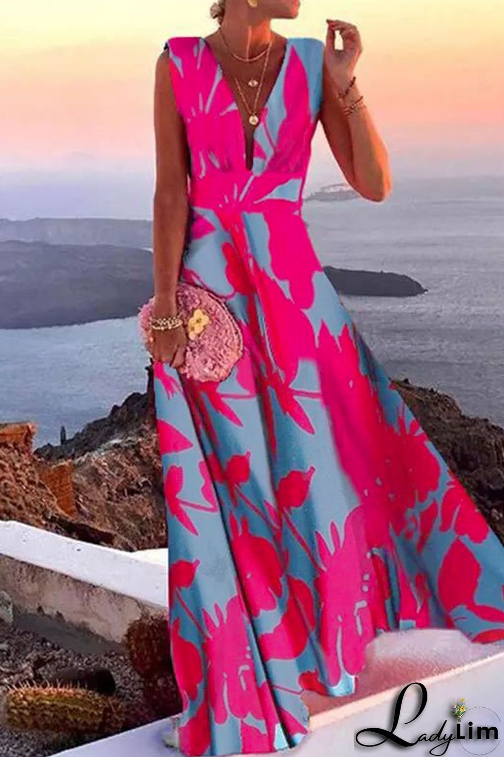 Red Stripe Fashion Print Patchwork V Neck Straight Dresses