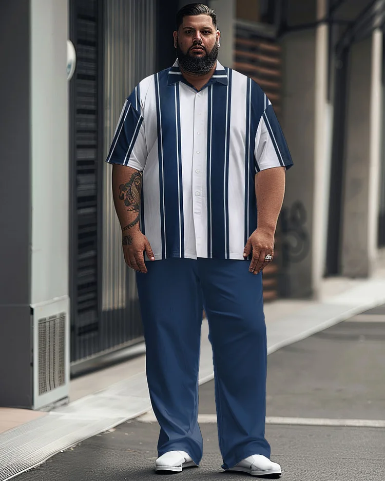 Men's Plus Size Simple Striped Print Short Sleeve Shirt Suit