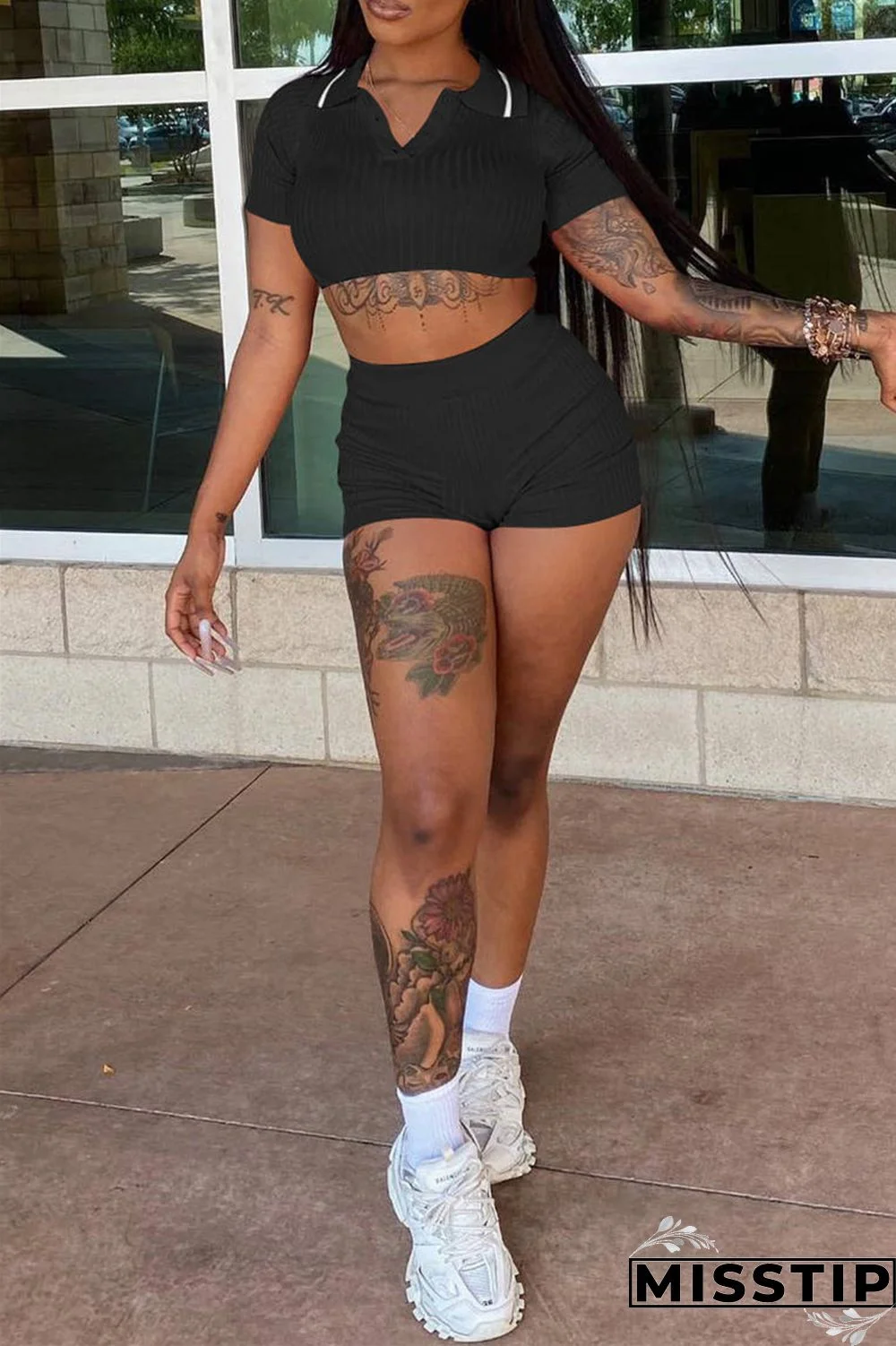 Black Fashion Casual Solid Basic Turndown Collar Short Sleeve Two Pieces