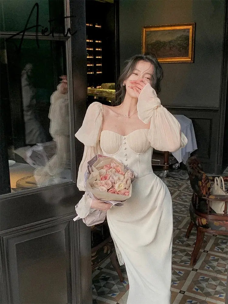 Aiertu Vintage Women Fashion Elegant Puff Sleeve Midi Corset Maxi Dresses Evening Prom Female Party Lady Clothes Vestdios Summer Aiertu