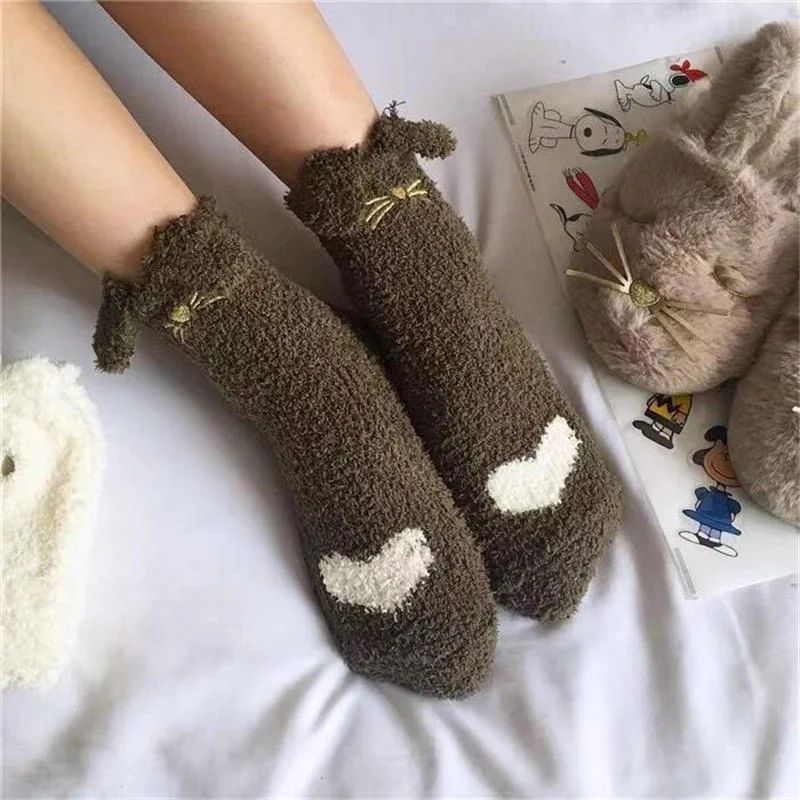 Winter Thicken Warm Women Socks Cute Cat Paw Cartoon Colorful Lovely Sleeping Home Floor Bedroom Socks Harajuku Kawaii Girl Sox