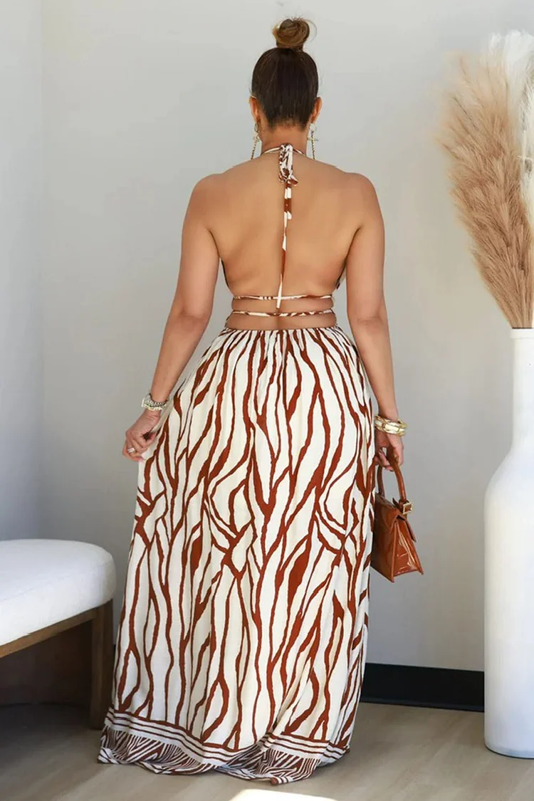 Deep V Halter Backless Boho Print Vacation Maxi Dresses-Brown