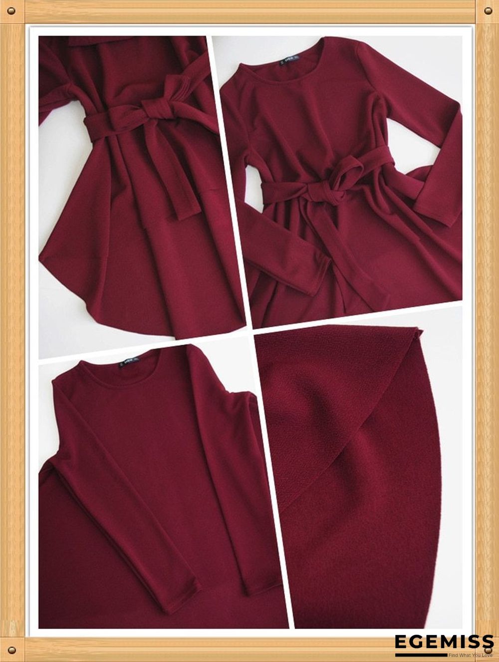 Burgundy Long Sleeve Blouse Elegant Self Belted Asymmetrical Hem Tops Blouses | EGEMISS