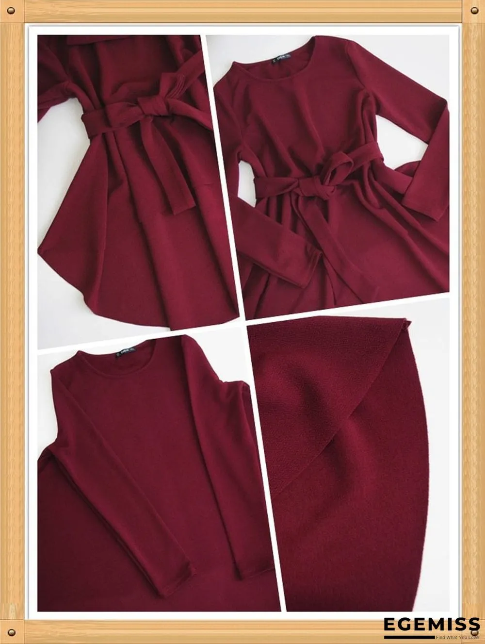 Burgundy Long Sleeve Blouse Elegant Self Belted Asymmetrical Hem Tops Blouses | EGEMISS