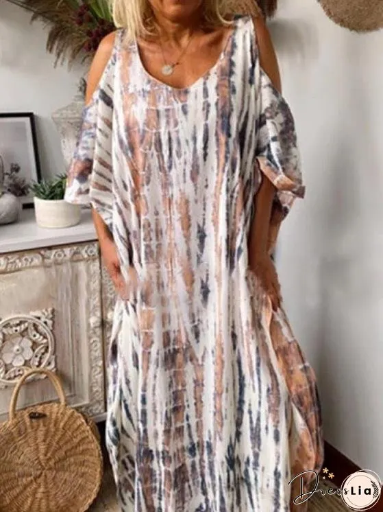 Women's Dresses Loose Tie-Dye Printed Off-The-Shoulder Long Sleeve Dress