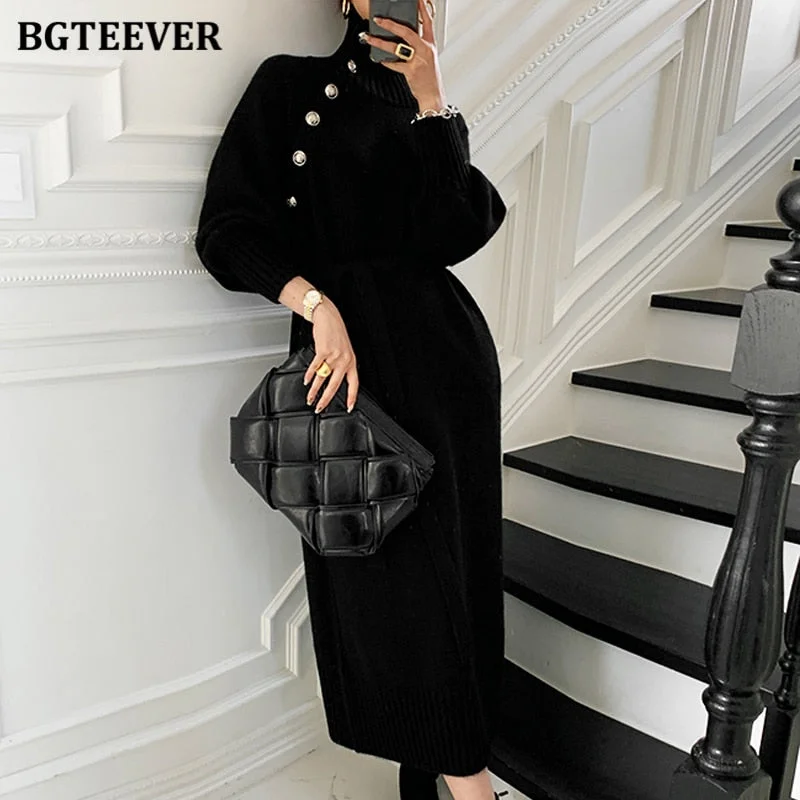 BGTEEVER Vintage Turtleneck Buttons Women Dress 2021 Autumn Winter Ladies Vestidos Full Sleeve Lace-up Female Sweater Dress