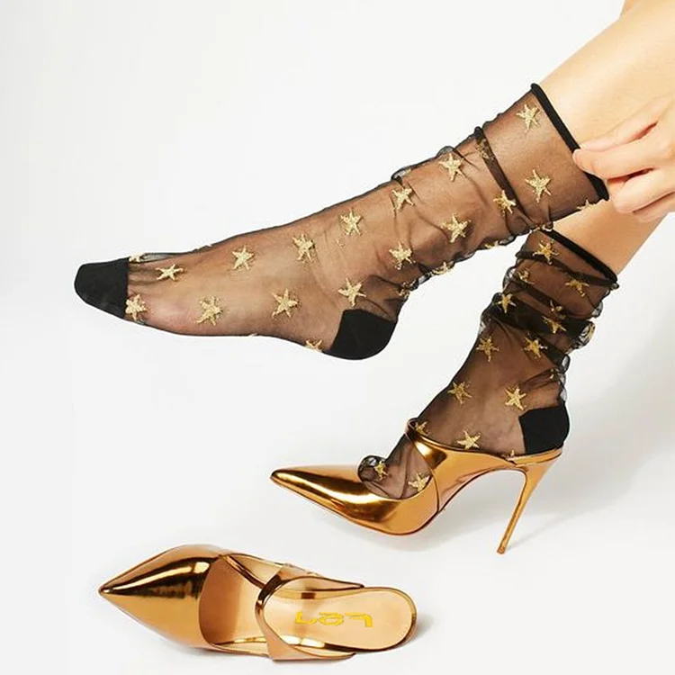 Women's Gold Metallic Pointed Toe High Heel Mules |FSJ Shoes