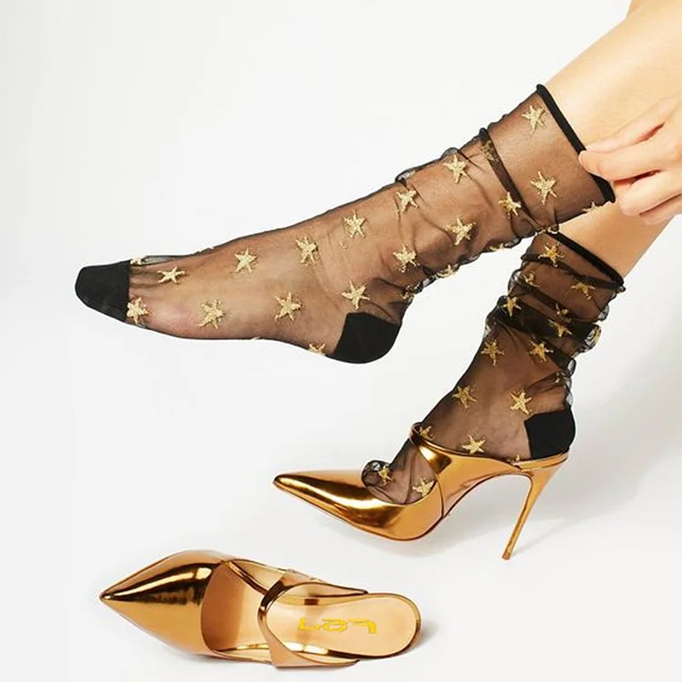 Gold Metallic Stiletto Heel Mules Vdcoo