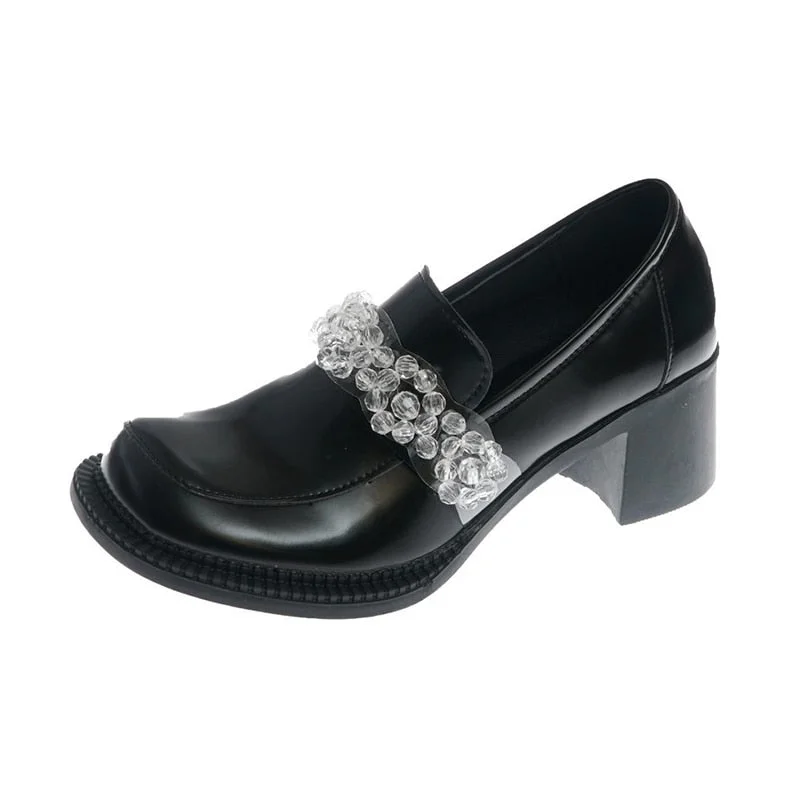 Transparent Pearl High Heels Shoes Woman Big Round Toe Patent Leather Pumps Women Retro Slip On Chunky Heels Lolita Shoes