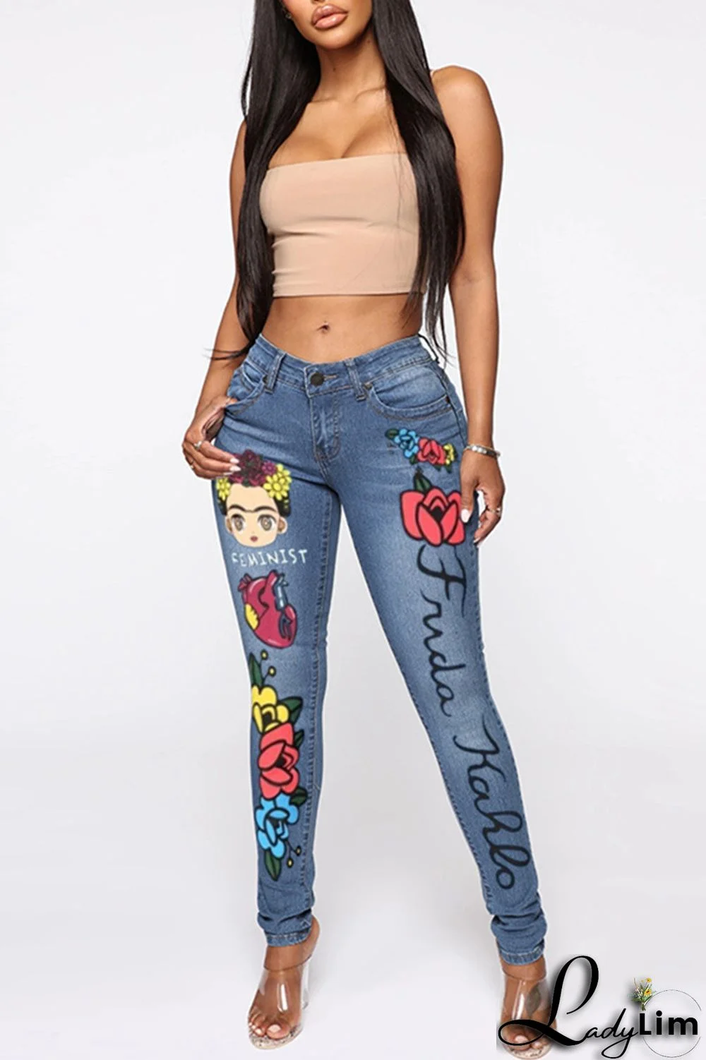Deep Blue Fashion Casual Print Patchwork Mid Waist Skinny Denim Jeans