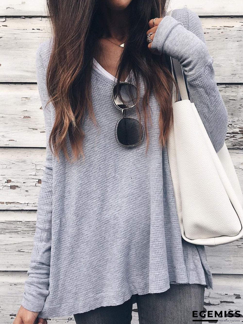 Casual Plain V Neck Plus Size Tops | EGEMISS