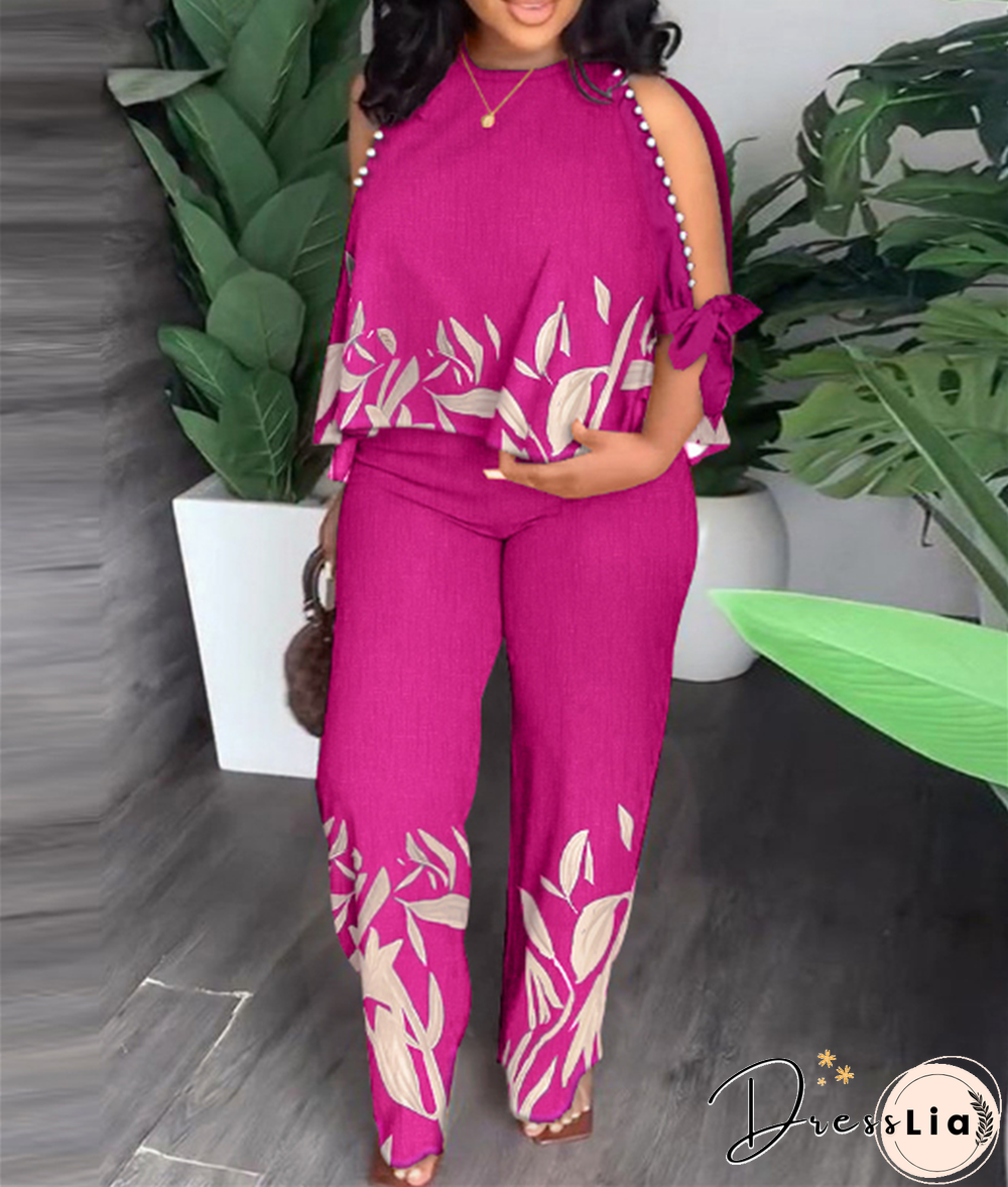 Beaded Printing Blouse Loose Pants Two Piece Set