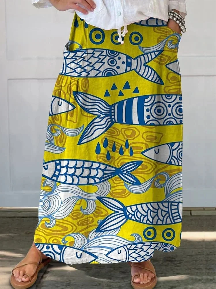 Summer Sea Fish Pattern Printed Women's Linen Pocket Skirt