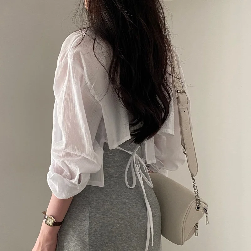 Brownm Brownm Chic Summer Long-Sleeved Chiffon Sunscreen Shirt Design Careful Machine Back Strap Bare Back Short Shirt Woman