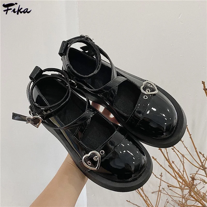 Sweet Lolita Shoes Women Platform Round Head Thick Heel Cross Bandage Leather Mary Janes Shoes Heart Buckle Cosplay Kawaii Shoes