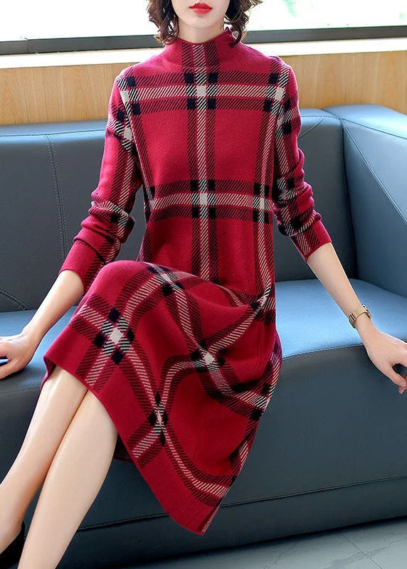 Italian Red High Neck Plaid Cashmere Knit Sweater Dress Long Sleeve