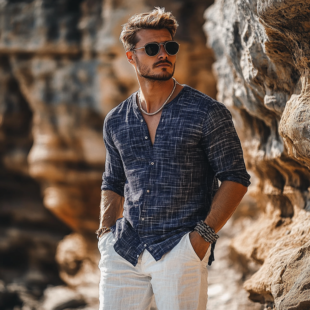 Holiday Bohemian Beach Men's Linen Casual Long Sleeve Shirt Top-inspireuse