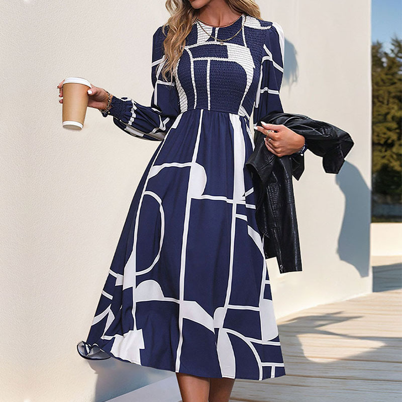 Mature Women Casual Long-sleeved Printed Dress A- Line Skirt Dress