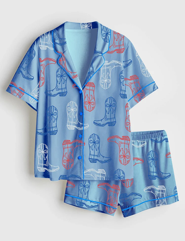 Women&rsquo;s Red White Blue Cowgirl Boots Western 4th Of July Print Short Sleeve Satin Pajama Set