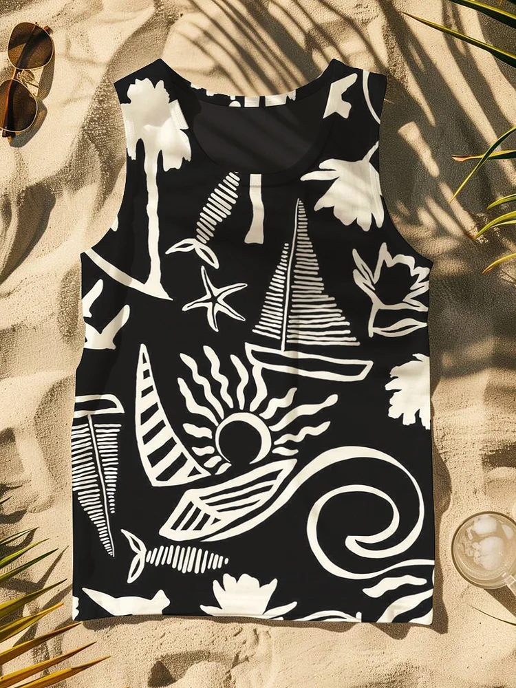 Men's Hawaii Vacation Sailboat Starfish Flowers Sun Print Tank Top