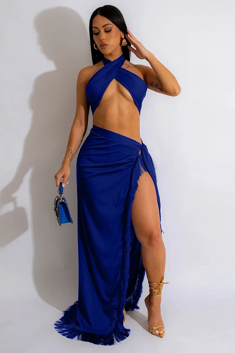 Halter Tie Up Backless Crop Top Fringed High Slit Vacation Maxi Skirt Matching Set